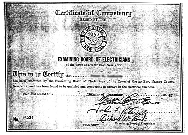 Master Electricians License from 1987